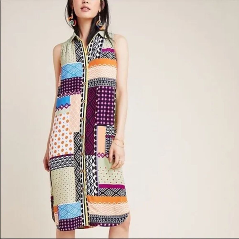 Anthropologie Colorful Patchwork Sleeveless Shirt Dress